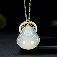 hot selling natural hand carved jade inlay gold color 24k maitreya buddha necklace pendant fashion jewelry men women luck gifts
