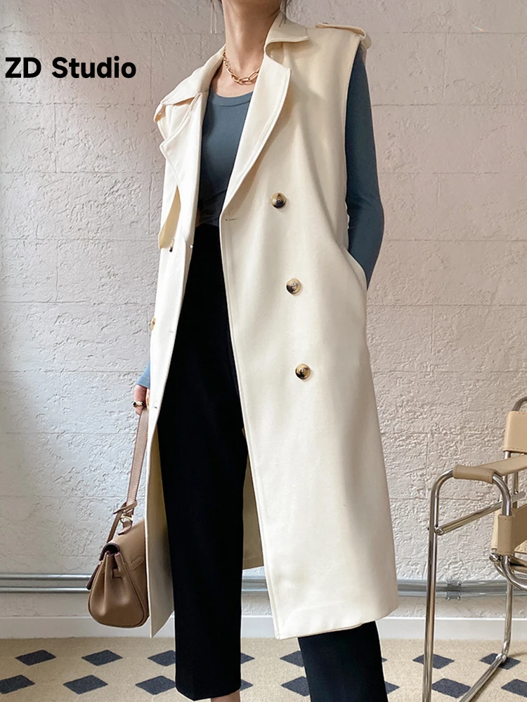 

[ZD Studio] Sleeveless Trench Coat For Women Lapel Double Breasted Mind Length Versatile Female Autumn New Clothing