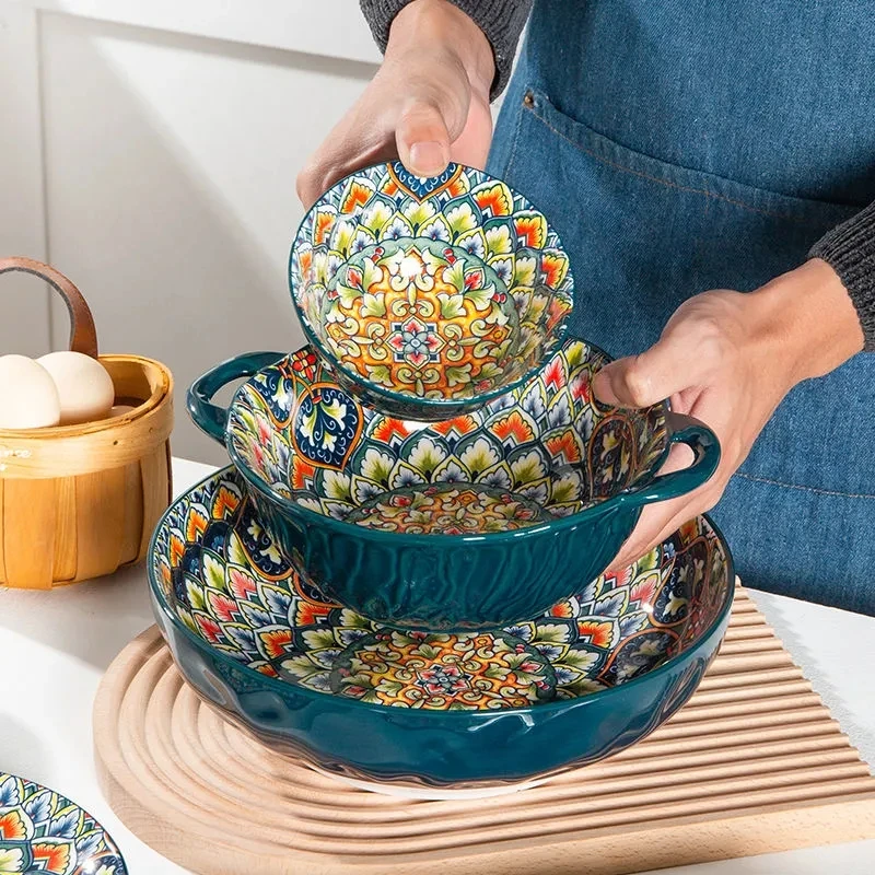 

1pcs Ceramic Vintage Tableware Rice Salad Round Dish Dinner Plate Bowl Dinnerware Set microwave safe W4829