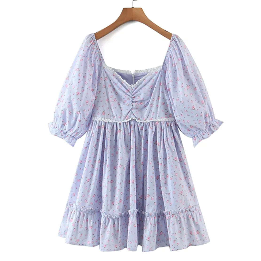

Withered 2023 French Style Indie Folk Vintage Floral Print Square Collar Sexy Off Shoulder Fashion Mini Dress Summer Party Dress