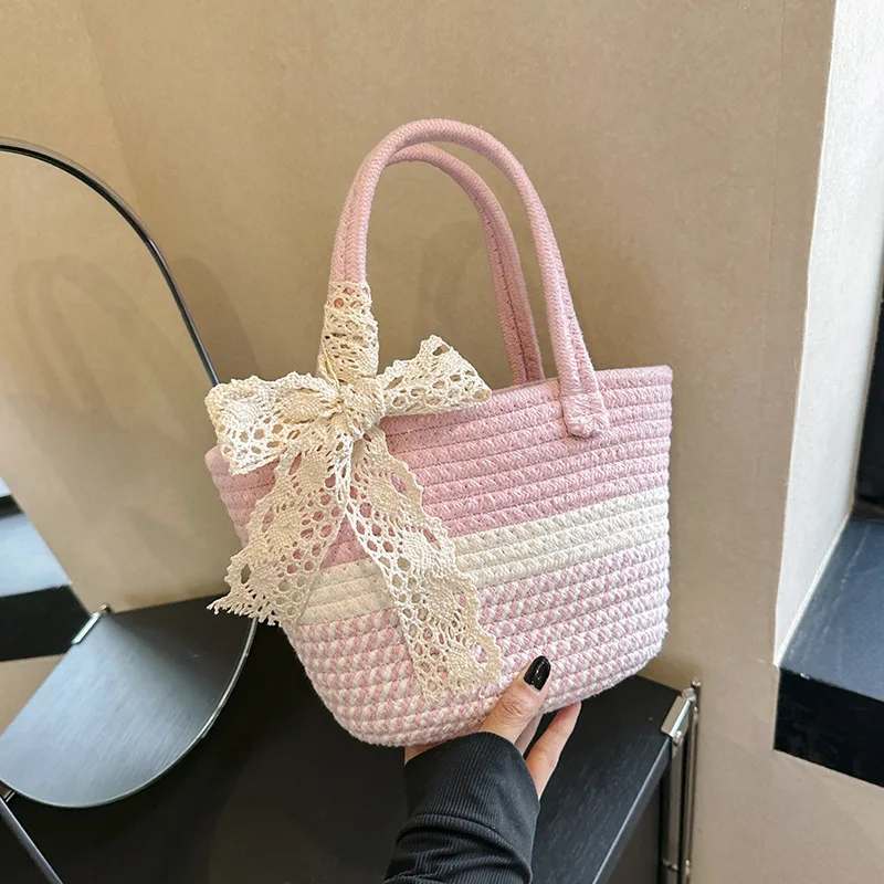 

New Summer Shoulder Bag For Women Handmade Cotton Rope Beach Bags Woven Handbags Purse Ins Vacation Lady Commute Bucket Bags