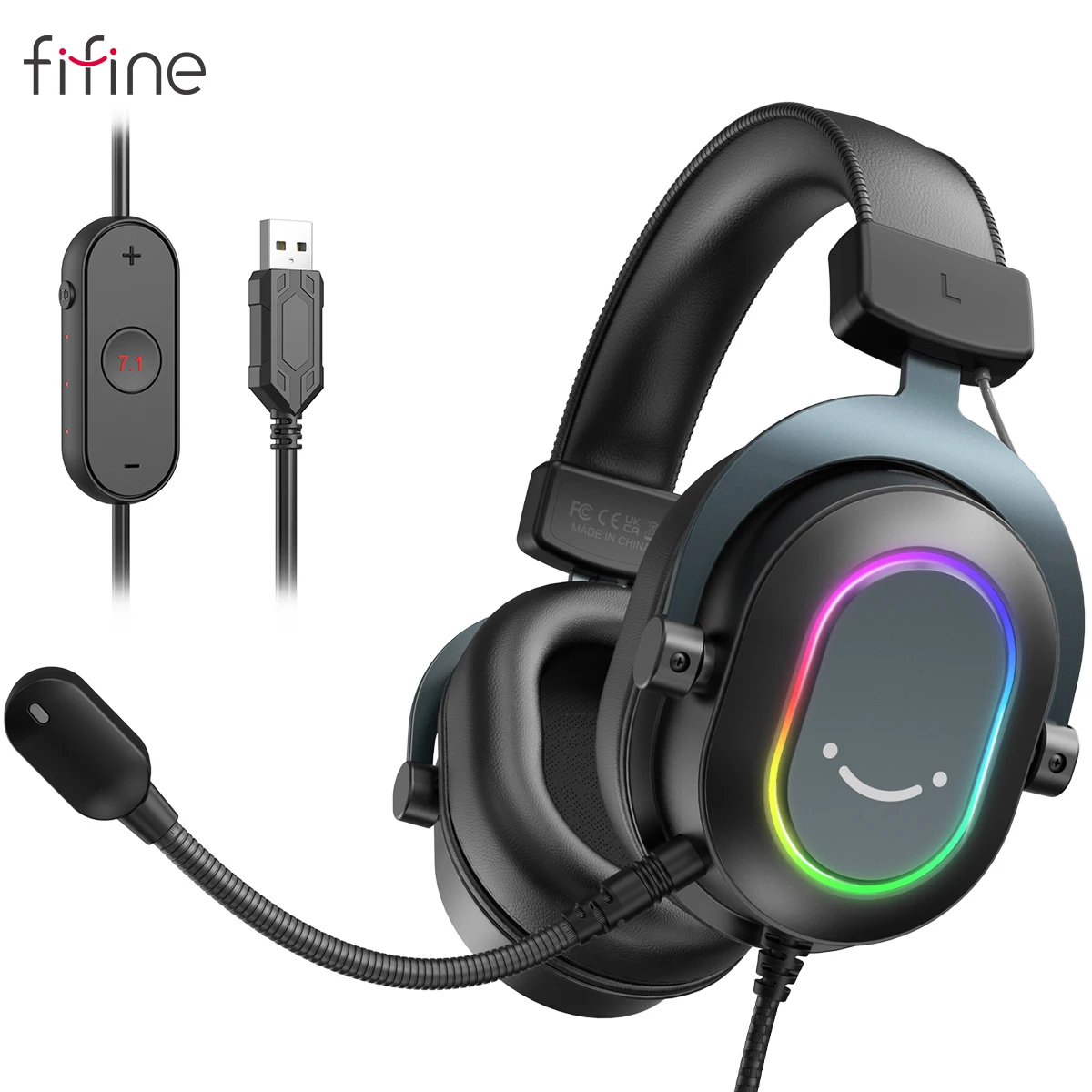 Fone de ouvido para jogos RGB dinâmico Fifine com microfone Fones de ouvido sobre a orelha 7.1 Sonido surround PC PS4 PS5 3 opções EQ Jogo Filme Música - H6
