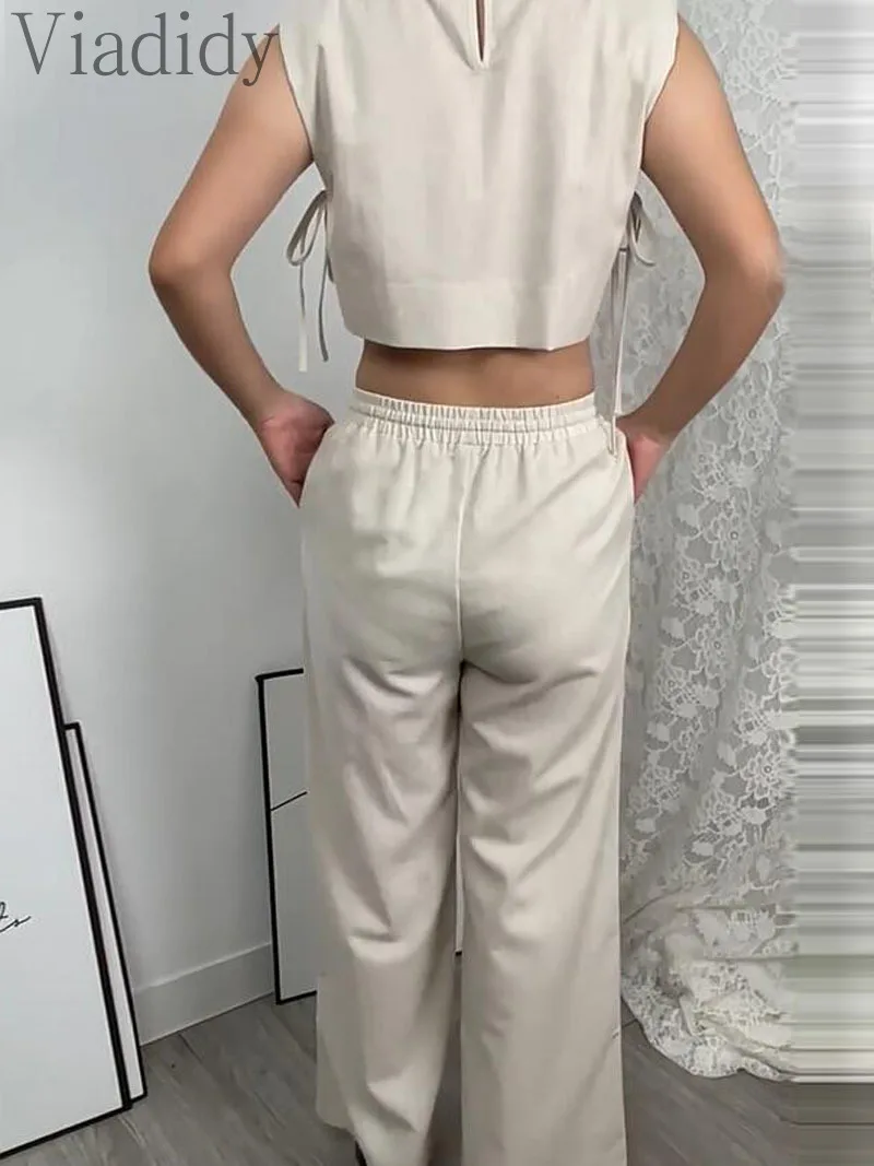 Женский Повседневный однотонный топ без рукавов на шнуровке и эластичные прямые