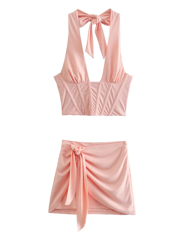 Fashion Women Pink Halter Backless Cropped Top 2022 Summer High Waist A-Line Mini Skirts Set Casual Girls Streetwear For Holiday