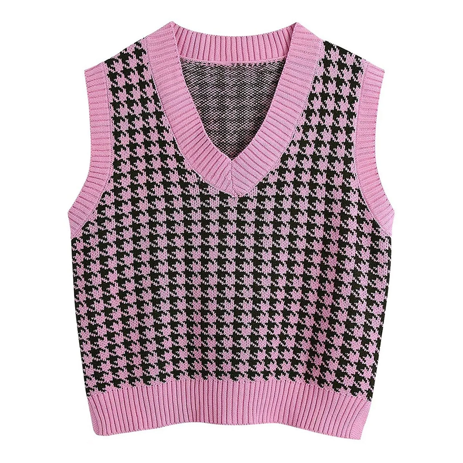 

Women'S Vest Casual V-Neck Pullover Shirt Collision Color Sleeveless Female Sweater Lattice Knitted Short Sweater Vest Autumn