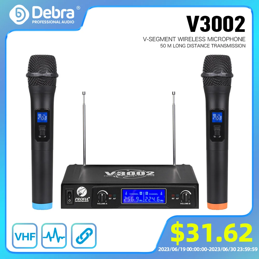 

Debra Audio V3002 VHF Wireless Dual HandHeld Microphone Mic System for Church, Wedding, Karaoke,Business Meetings.