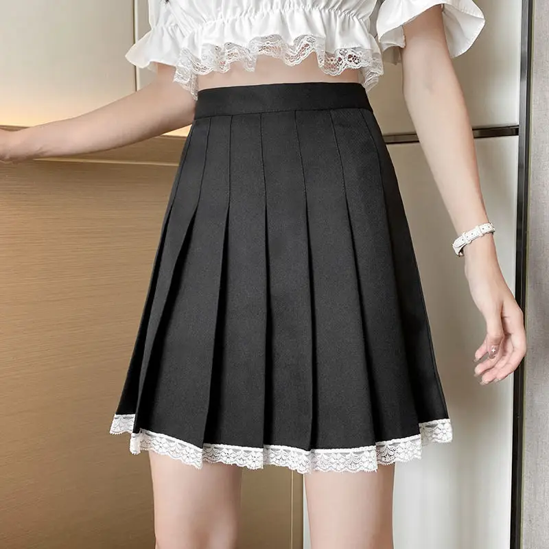 

Skirts Women Popular Patchwork Kawaii Girls Lace Design Preppy Style High Waist Basic Mujer Pleated Skirts Classic Retro Chic