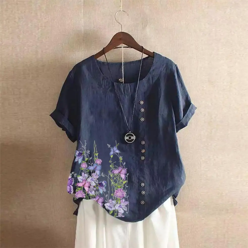 

Women Short Sleeve Shirt Vintage Floral Print Women's Short Sleeve Blouse Stylish Loose Fit with Button Detailing Round Neck