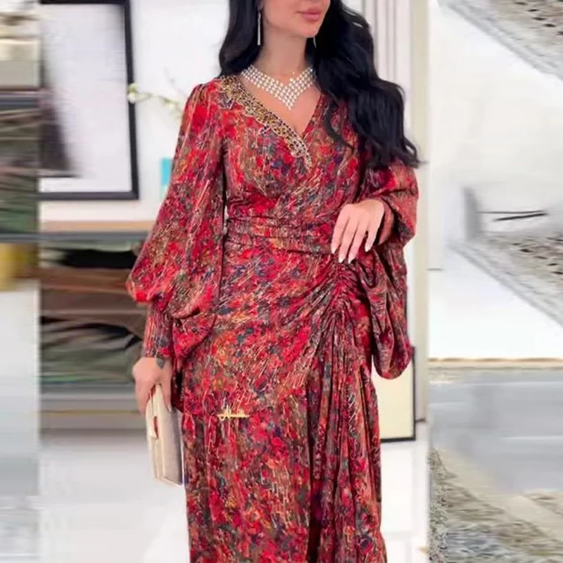 

2023 Fashion V-Neck Draped Ruffled Bohemian Dress Women's Casual Robe Dresses Vintage Pattern Printed Lantern Sleeve Long Dress