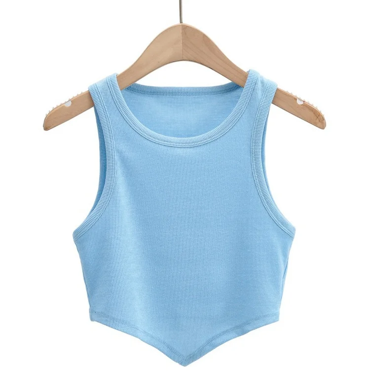

2022 summer new round neck triangle hem exposed navel knitted suspender vest top style women h6126