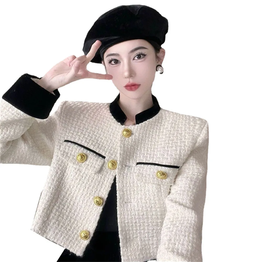 

2023 New Womens Elegant Tweed Cropped Tops Casual Vintage Short Jackrts Spring Korean Fashion Slim Coats Sweet Chic Chaquetas