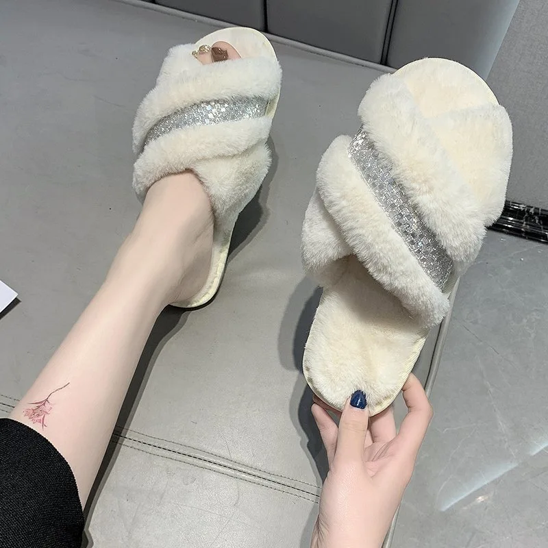 

Women's Slippers Winter Short Plush Flat Bottomed Artificial Fur Warm Slippers Crystal Diamond Thick Bottom Fashionable Outdoor