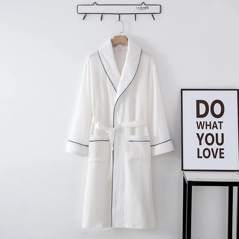 Pure Cotton Hotel Couple Nightgown Thin Cardigan Lapel Over Knee Plus Size Home Nightdress Men's and Women's Bathrobe with Belt