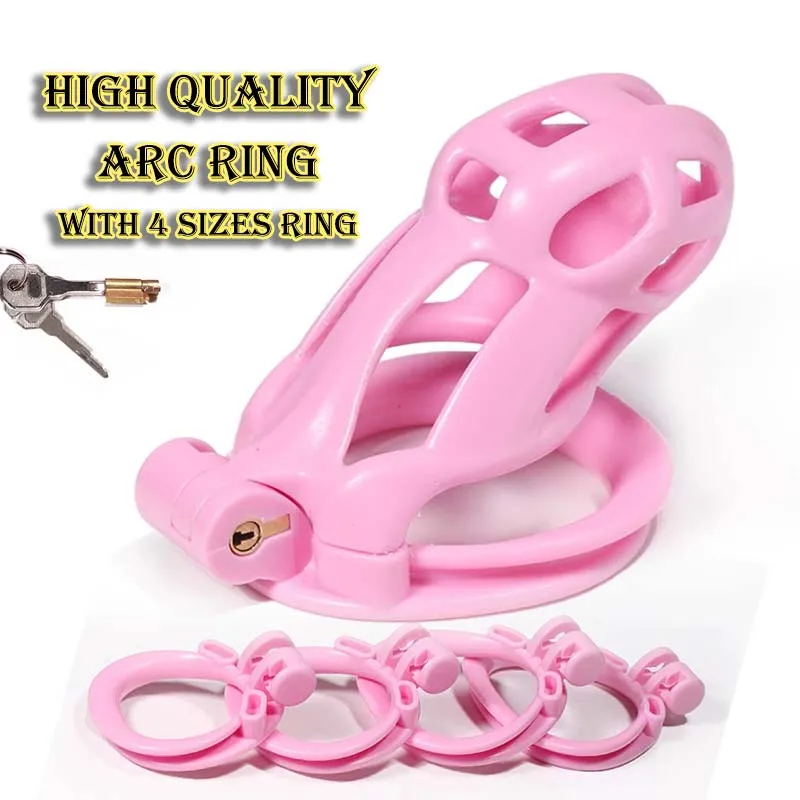 

Sissy Pink Male Chastity Cages Belt Hight Quality Cobra Cock Cage Chastity Inescapable With 4 Arc Penis Rings Sextoys Gay BDSM