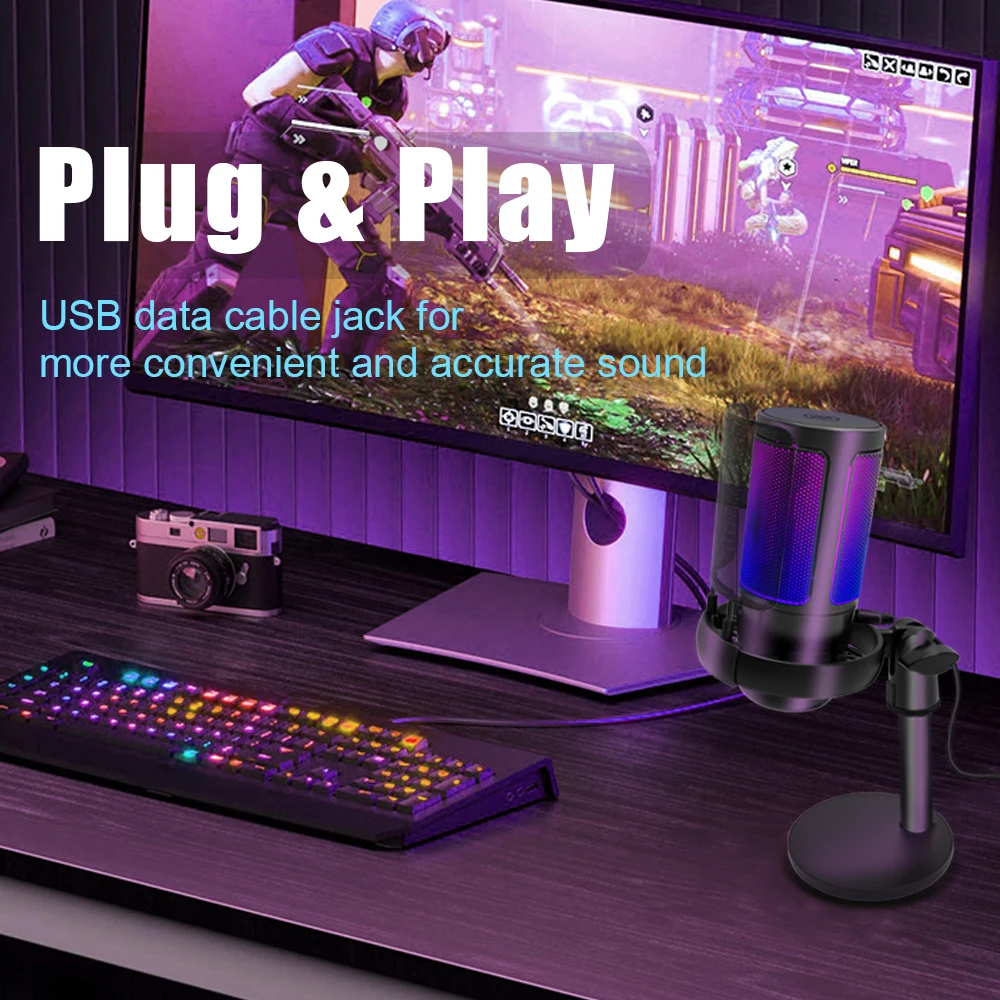 Фото Игровой микрофон для ПК: USB-микрофон для подкастов, видео и стриминга, конденсаторный микрофон с функцией быстрого отключения звука, RGB-микрофон в подарок для геймеров. №5