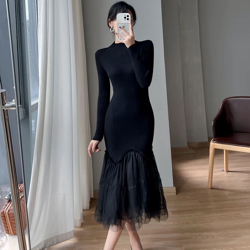 

Трикотажные женские платья в британском стиле, новинка 2022, зимнее повседневное облегающее платье в стиле пэчворк с высокой талией и длинным...