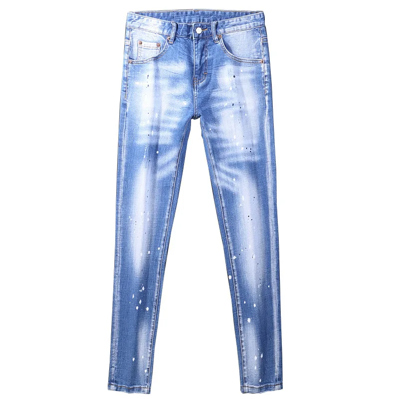 2023 High Street Retro Men'S Summer New High-End Light-Colored Washed White Personality Splashed Ink Slim-Fit Pants Pencil Jeans