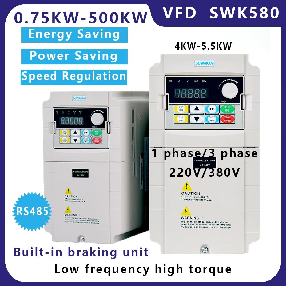 VFD AC Variable Frequency Drive 4KW/5KW 3PH 380V Output PID Control Built-in Brake Unit RS485 Motor Speed Regulation Universal