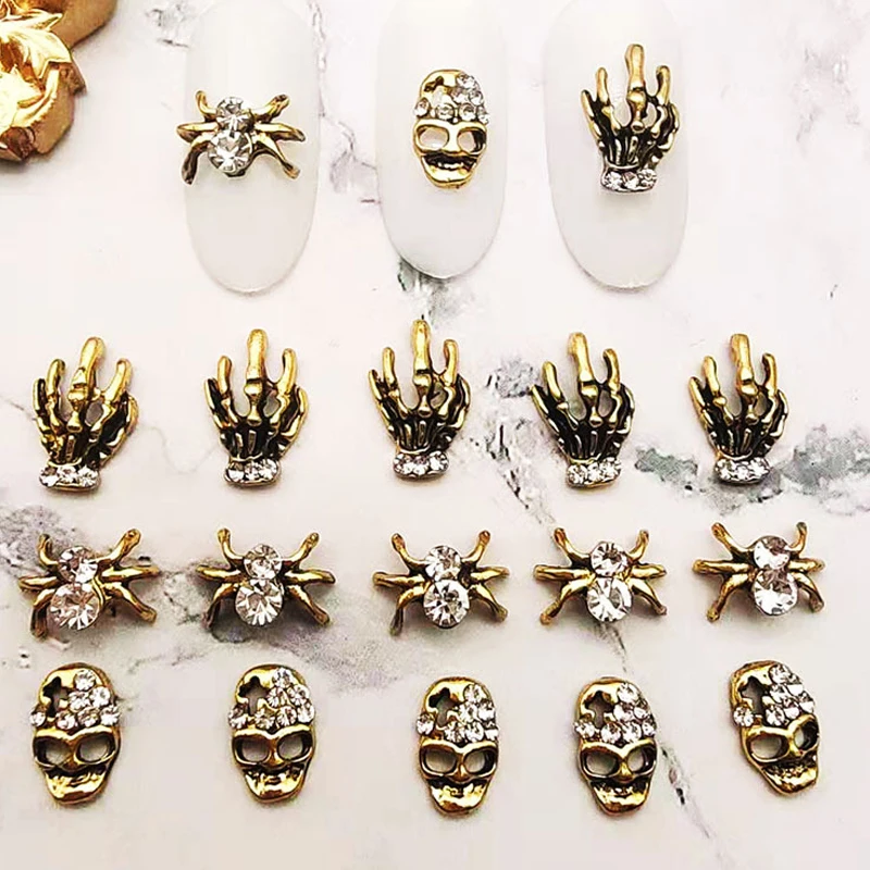 

10Pcs Nail 3D Halloween Nail Art Charms Skull Spider With Rhinestones Vintage Skeleton Hand Alloy Nail Art Jewelry DIY Craft