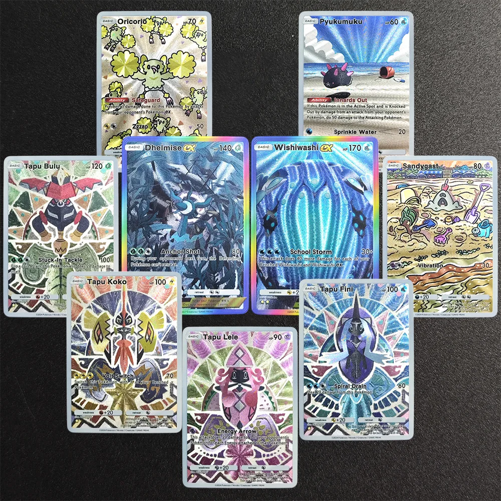 Фото Набор из 9 карточек TCG Pocket (английская версия): Wishiwashi, Dhelmise, Oricorio, Pyukumuku, Sandygast, Tapu, Bulu, Fini, Koko — коллекционные карточки с текстурой игры №1