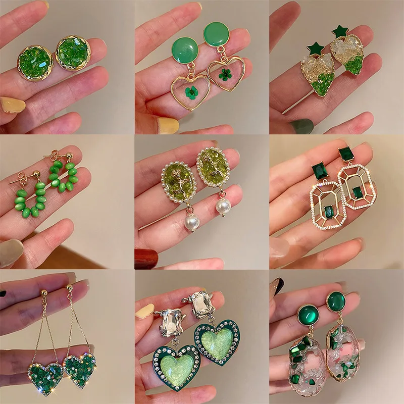 

Green Pendant Women's Summer Korean Style Flower Diamond Heart Metal Earrings Wedding Party Jewelry Valentine's Day Girl Gift