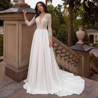 sexy a line deep v neck wedding dress elegant 34 sleeve lace appliques bridal gown illusion backless button vestido de novia