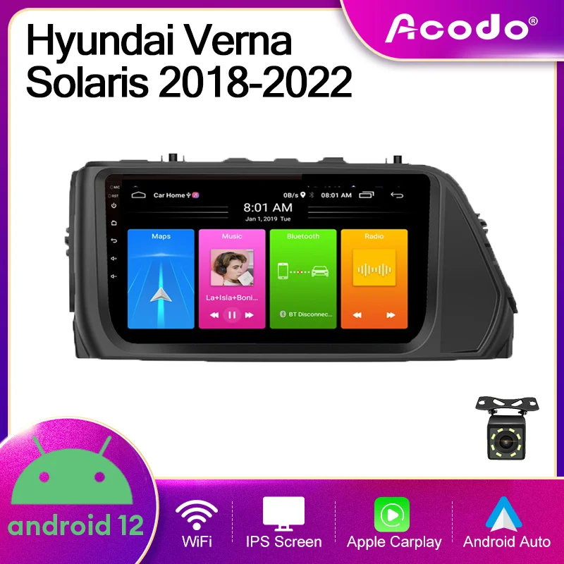 

Автомобильный плеер Acodo на Android 12, 9 дюймов, головное устройство для Hyundai Verna Solaris 2018-2022, GPS, DVD, Wi-Fi, BT, FM, IPS экран, радио