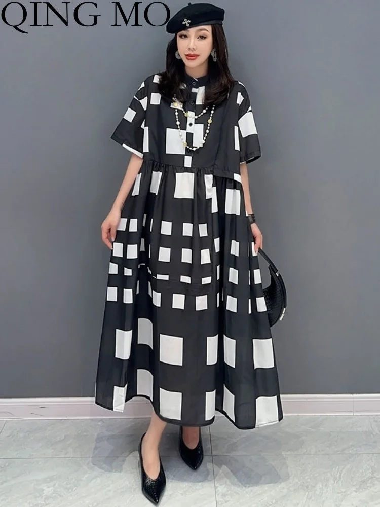 

QING MO 2023 Summer New Korean Style White Plaid Shirt Dress Women Show Slim Age Reducing Long Length Dress ZXF2688