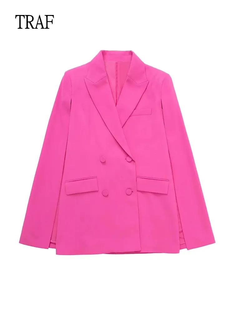 Женский пиджак с карманами TRAF Розовый Повседневный Блейзер модный двубортный