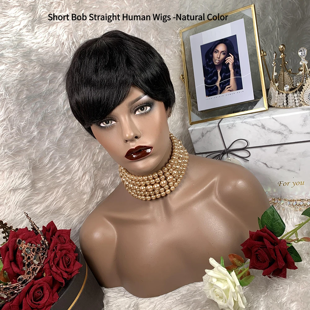 Естественный цвет короткие прямые человеческие парики боб с челкой для