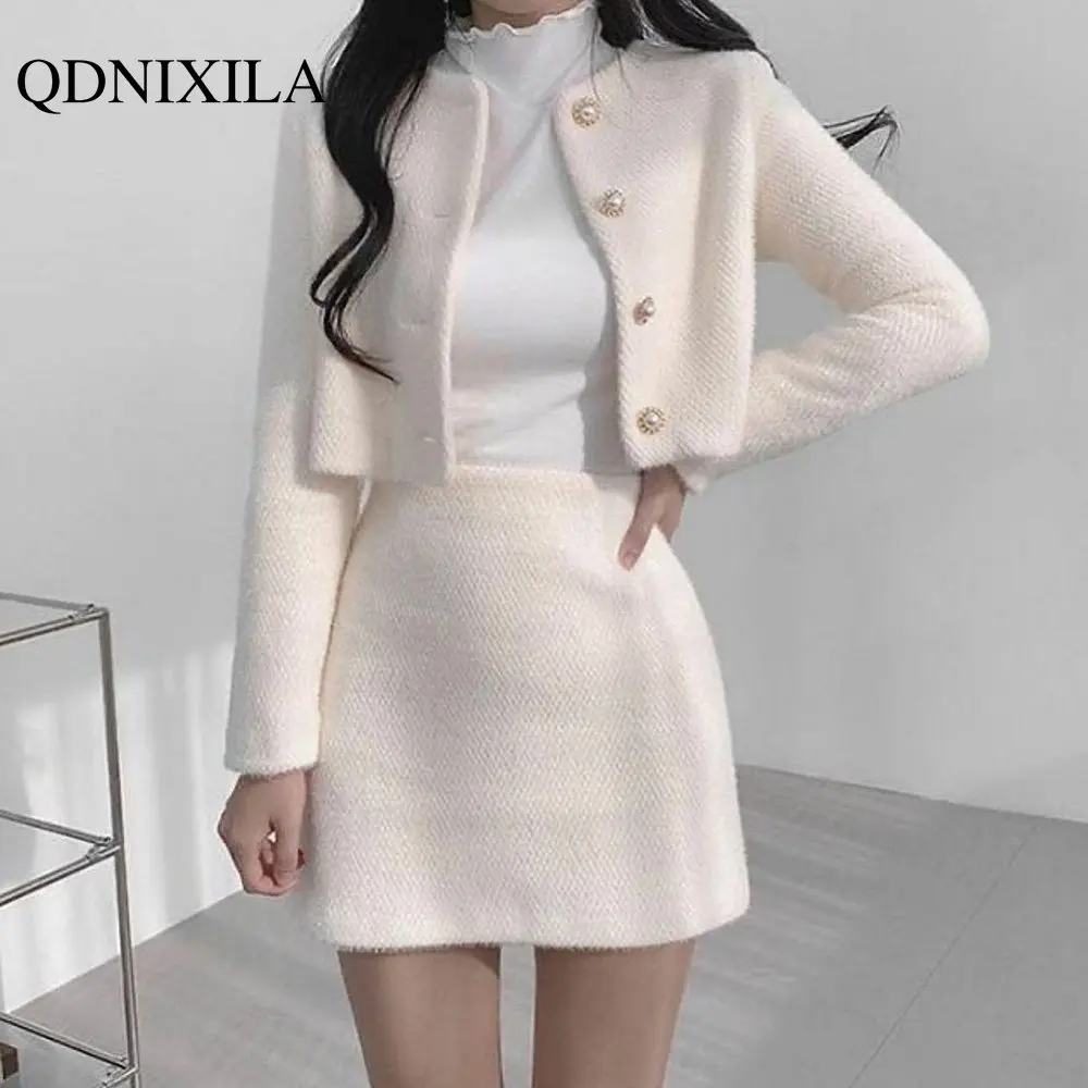 

2023 Spring Summer Korean Fashion Sweet Women's Suit with Skirt Two Piece Set for Women Dress Sets Matching Outfit Elegant Tweed