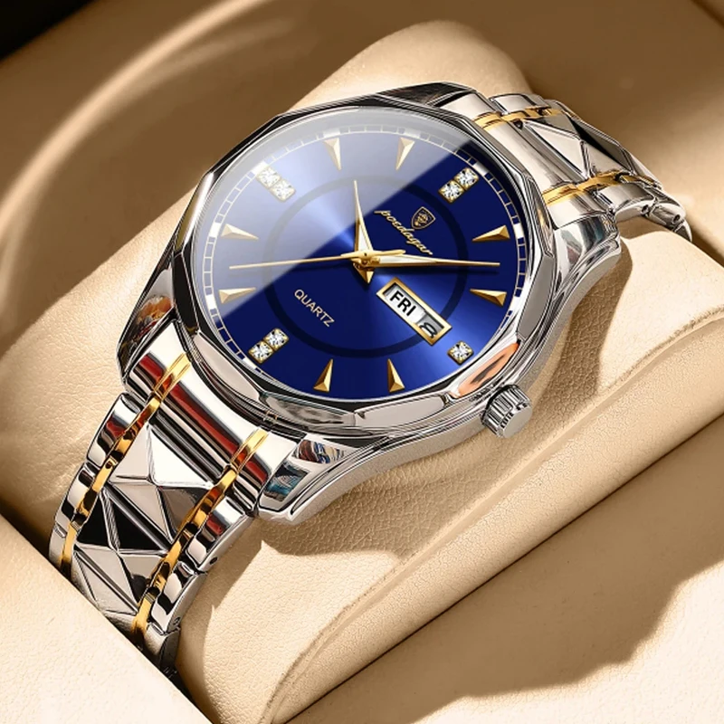 

POEDAGER 2022 Fashion Men Business Blue Dial Luminous Pointer Dial Waterproof Stainless Steel Strap Watches Relógio Masculino