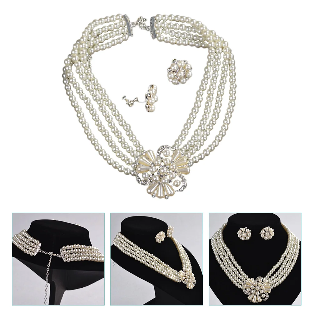 

Pearl Necklace Set Jewellery Faux Ear Women Earring Forparty Sets Shower Bridal Wedding Jewelry Bachelor Clip Simulated