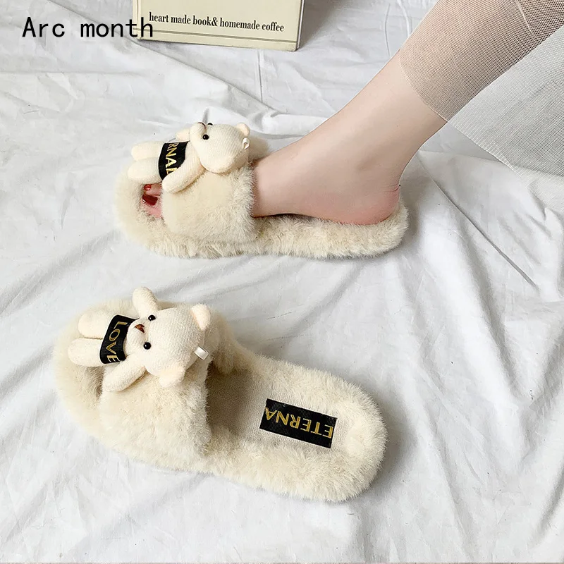

Hairy Slippers Women's Korean Version Cute Bears Flat Heels Flat-bottomed Flip-flops Outside Wear Household Cotton Slippers Wome