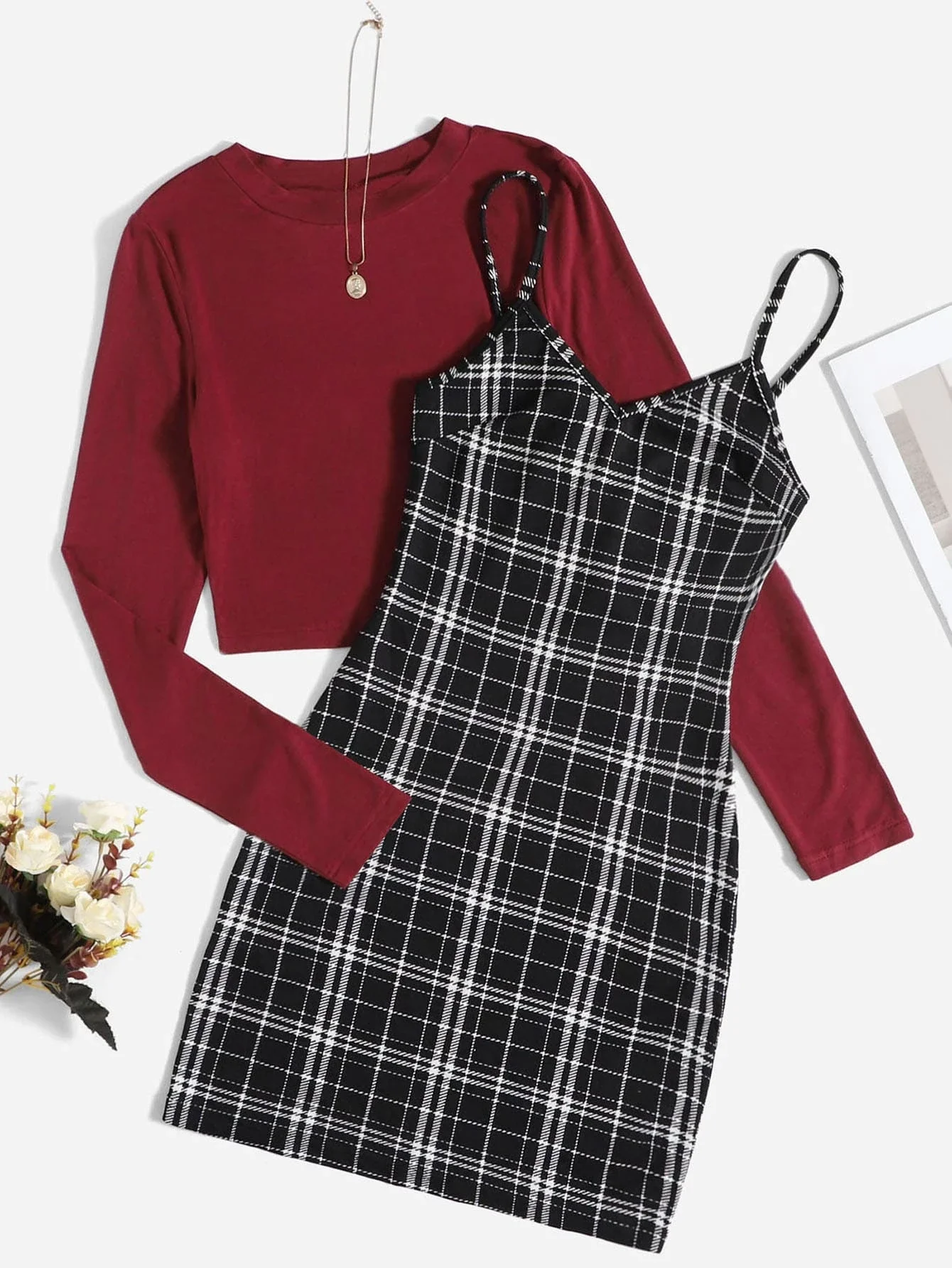 

Solid Top & Plaid Print Cami Dress