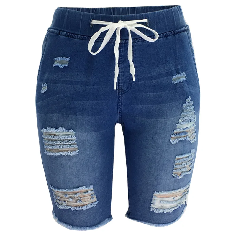

New Summer Women Ripped Denim Shorts Destroyed Knee Length Stretch Mid Rise Stretchy Bermuda Wash Blue Jeans Shorts
