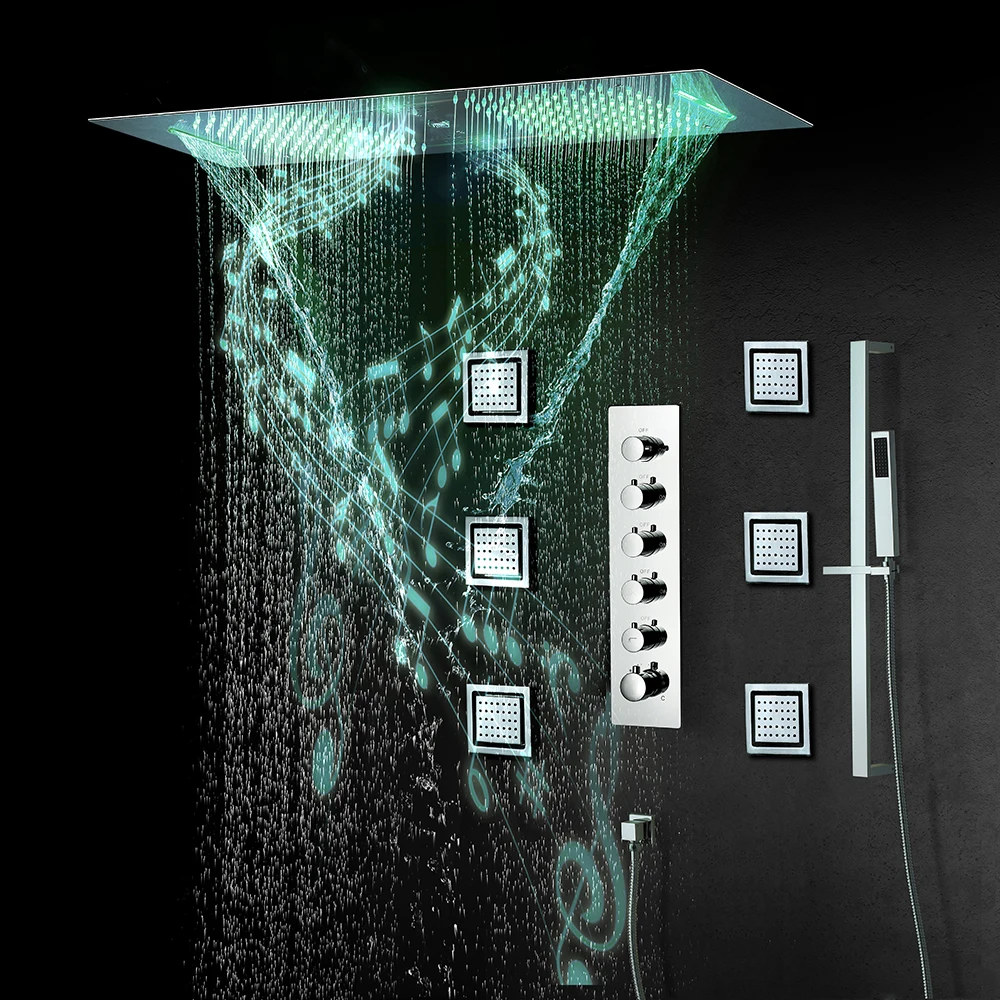 

5 Functions Complete Music LED Shower Set System 36*12 Inch Thermostatic Concealed Diverter Bathroom Shower Faucets Chrome&Black