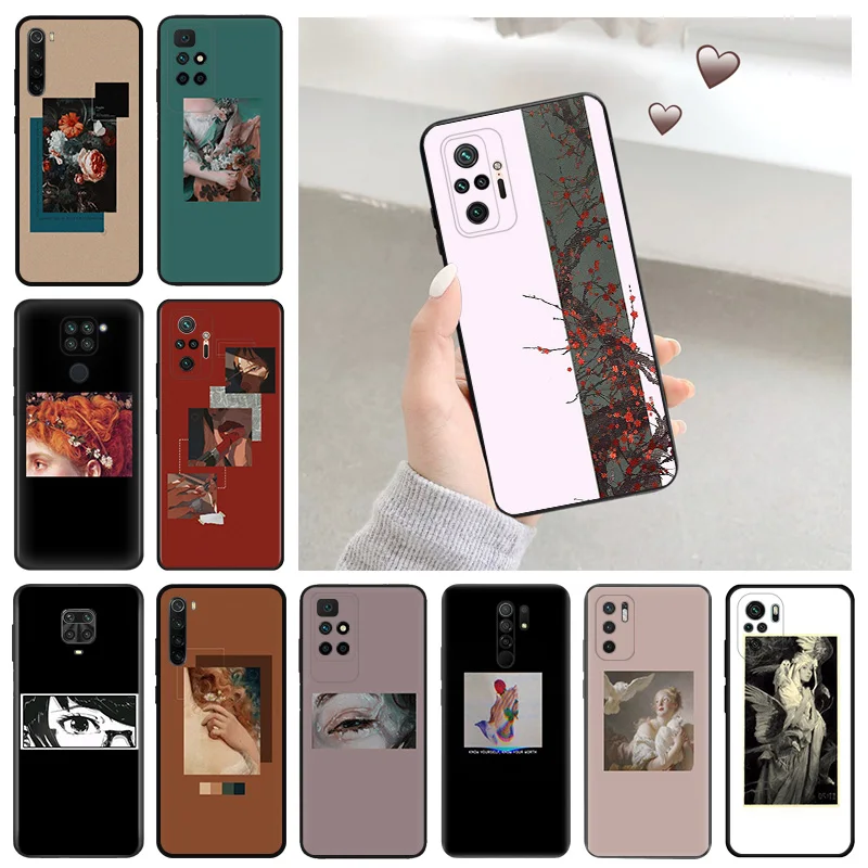 

Black Anti-Drop Phone Case For Xiaomi Redmi Note 9T 8T 9C 9A 9i 8 8A 7A 9S 9 Pro 7 K40 K40S 6 Flower Retro Renaissance Art Cover