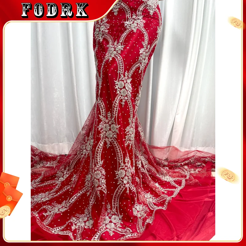 

Luxurious African Groom Sequins Lace Fabric High Quality 2023 French Embroidery Heavy Beads Lace Nigerian Sewing Dress