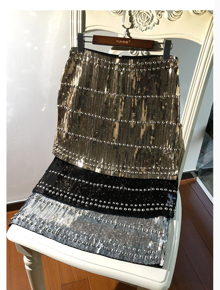 Sigami – Mini jupe Vintage à paillettes pour femmes  moulante  couleur argent  or  scintillante