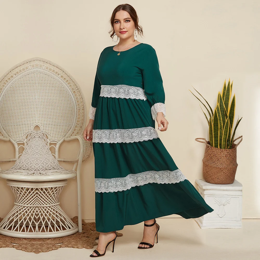 

Plus Size Women's Dress Casual Home Loose Lace Splice Dress Round Neck Long Sleeve Fashion Women's Elegant Dress Comfortable