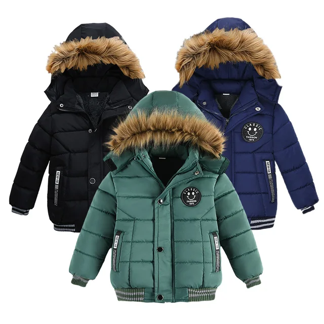 Autumn Winter Keep Warm Hooded Boys Jacket Fashion Fur Collar Heavy Cotton Outerwear For Kids 2-6Years Children Windbreaker Coat 1