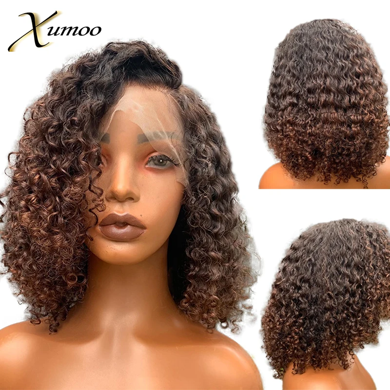 

Short Bob Chocolate Brown Color Pixie Cut Jerry Curly Transparent 4X4 Lace Closure Human Hair Wigs For Women Prepluck Brazilian