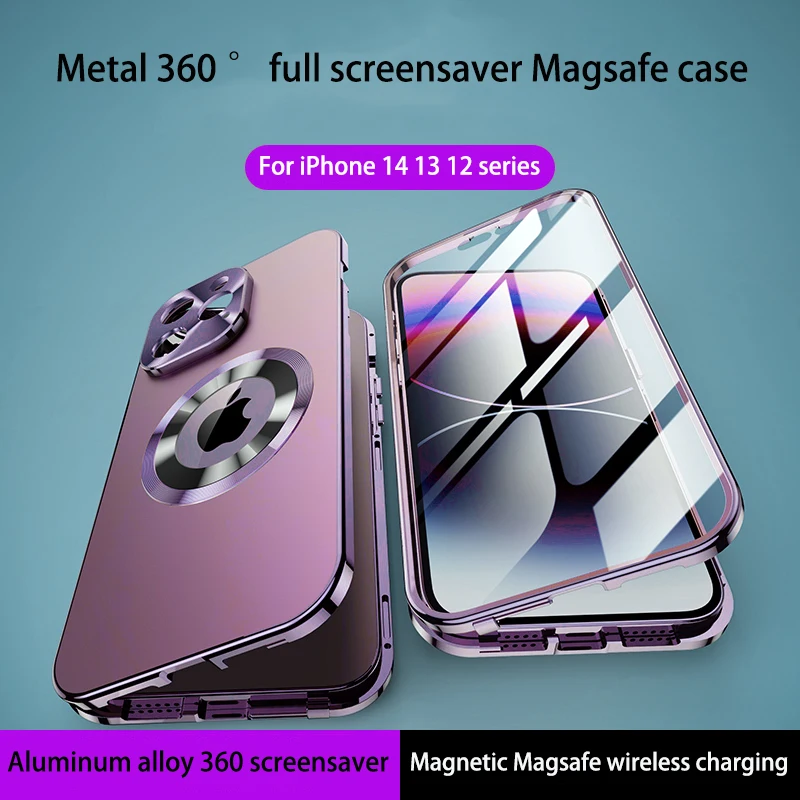 

For iPhone 12 13 14 Pro Max Case 360° Full Screen Camera Metal Magnetic Magsafe Cases Aluminum alloy HD Glass protective cover