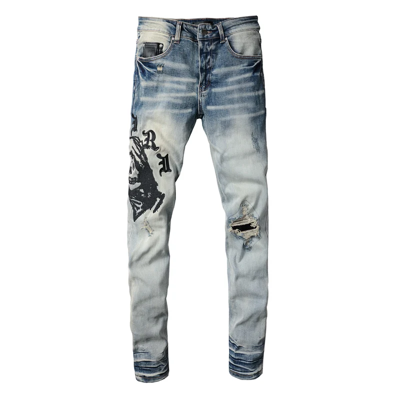 Street Fashion Men Jeans Retro Blue Elastic Stretch Slim Fit Ripped Jeans Men Brand Patch Designer Hip Hop Denim Pants Hombre