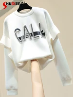 pullover letters bead sweatshirt women 2022 fall new loose korean fashion ins beaded letters ruffle long sleeve clothes female
