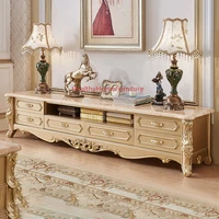 european tv stand coffee table combination marble surface set luxury champagne gold paint solid wood carved living room cabinet