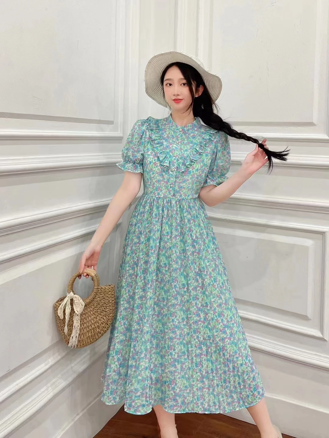 

2023 New Summer Women Short Sleeve Slim Long Dress Korean Chic Sweet Edible Tree Fungus Pleated Hem Floral Chiffon Dress