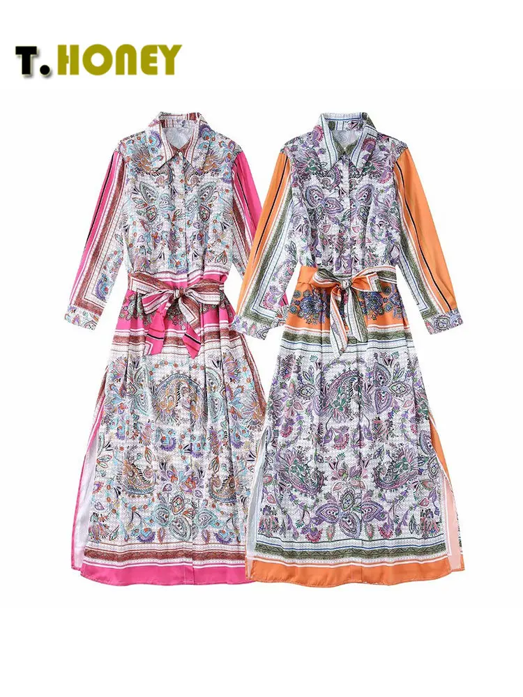 

TELLHONEY Women Fashion Print Lapel Collar Single Breasted With Pockets Dress Female Long Sleeves High Waist Side Slit Dresses