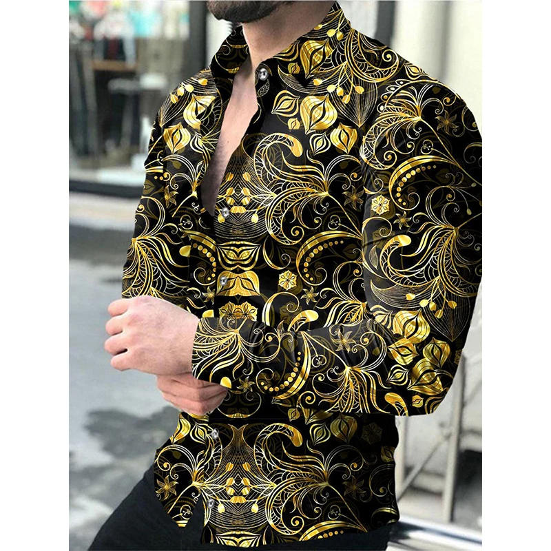 

Autumn Luxury Fashion Men Shirts Turn-down Collar Buttoned Shirt Casual Flower Print Long Sleeve Tops Mens Clothes Club Cardigan
